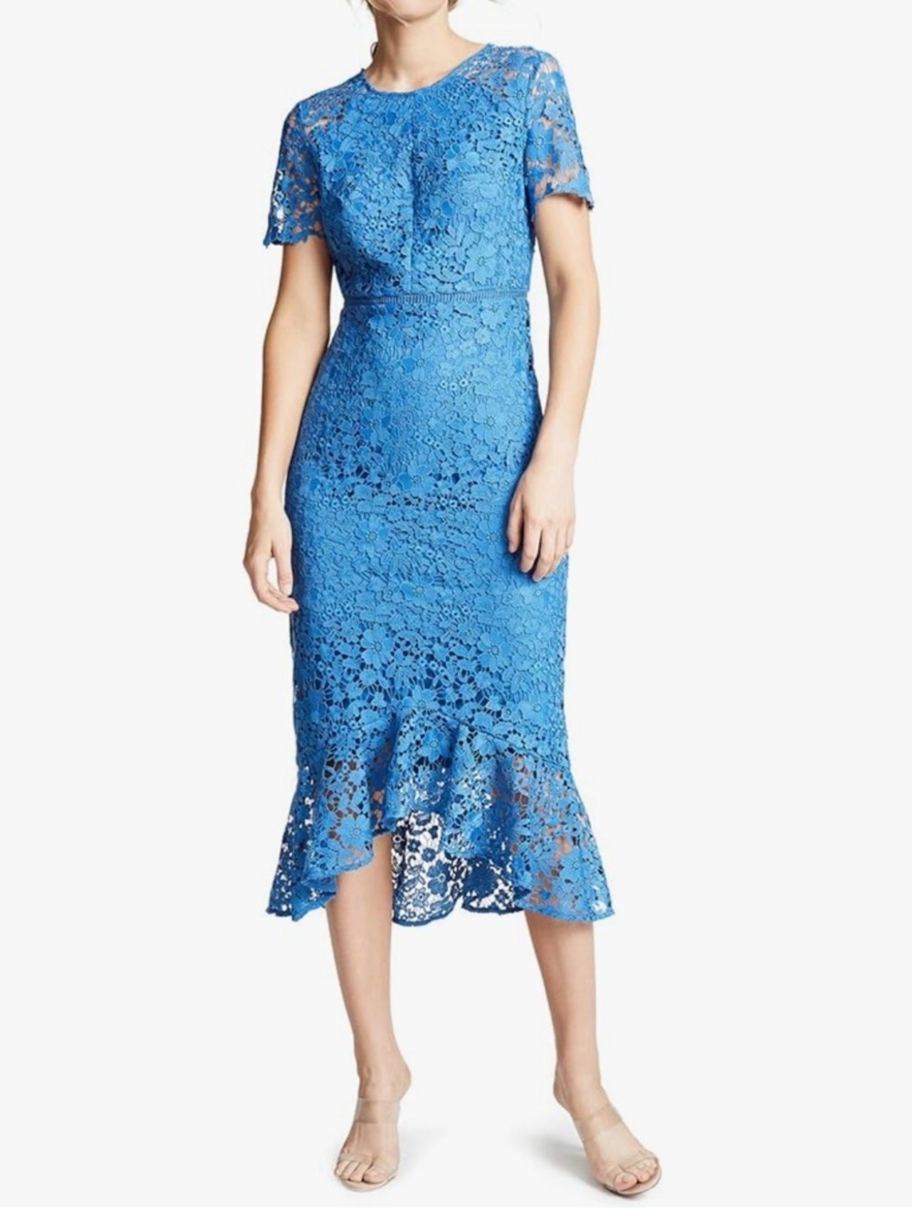 Shoshanna Blue Lace Midi Dress Size 0 Floral Crochet Fitted Ruffle Hem